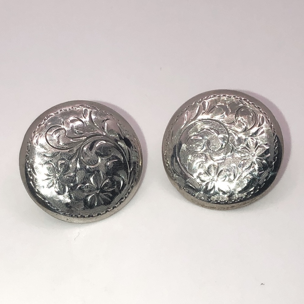 Vtg Sterling Silver Floral Engraved Etched Round Dome Screwback Earring 1.1”